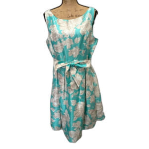 Jessica Howard Sleeveless Fit & Flare Dress Blue Floral Belted Retro Size 14